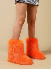 Women's Faux Fur Boots Furry Mid Calf Fur Boots Comfortable Outdoor Flat Shoes Winter Warm Plush Surface Snow Boots - Màu Cam cháy - Xem 5