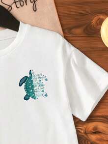 少女标语龟纹印花圆领短袖休闲百搭T恤 - 白色 - 查看 4