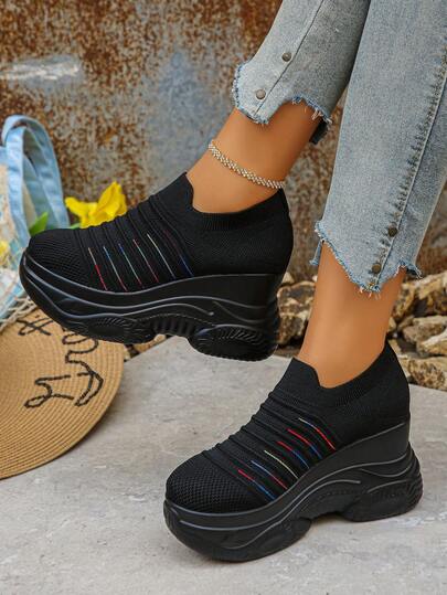 Comfortable Women's Outdoor Sports Shoes, Thick Sole High Heel Breathable Fabric Colorful Striped Shoes, All Season