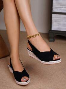 新款时尚女士休闲编织坡跟露趾凉鞋 - 黑色 - 查看 2