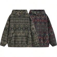 GURUNVANI - Sudadera con capucha para hombre, estilo tnico, jacquard con capucha y patrn azteca, estilo clsico, - Rojo - + CH - Ver 3