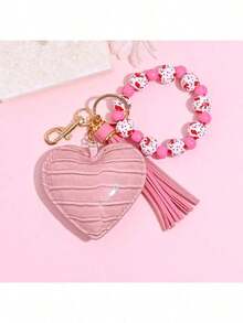 1pc Leopard Pattern Wood Bead Bracelet Keychain With Leather Heart & Tassel Charm, Boho Style Fashion Bag Accessory,  Gift Idea For Women & Daily Use - Nhiều màu - Xem 5