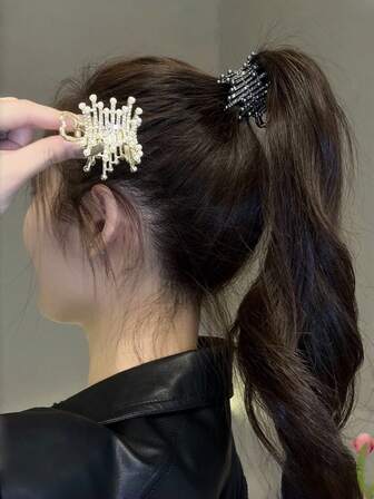 2个装女士不对称水钻发爪夹，高马尾发圈配饰，优雅发夹，休闲发饰