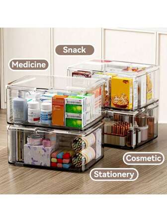 1 pieza Organizador de medicina Caja de almacenamiento, Estuche de almacenamiento de escritorio transparente, Contenedor de almacenamiento a prueba de polvo con tapa abatible. Organizador de medicina doméstico mini. Almacenamiento multifuncional para cosméticos, mascarilla facial, papelería, varios