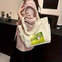 可定制帆布手提包，拉链封口 - 大容量、耐用且宽敞的通勤单肩包，适合学生和上班族，米色或黑色可选，学院风设计，宽敞的工作包 | 学院风包 | 耐用帆布材质 - 彩色 - 查看 7