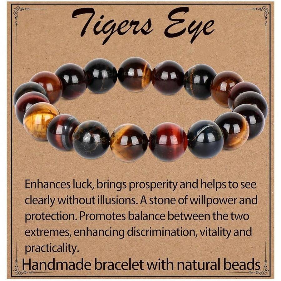 LPBeads Handmade Natural Gemstone Stretch Elastic Bracelet Healing Crystal Round Stone Beads Jewelry Gifts For Women Men,10mm,MulticolorTiger'sEye - 多色虎眼石 - 查看 1
