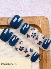 24 miếng dán móng tay hình vuông họa tiết hoa xanh mùa xuân & hè, bề mặt bóng, có thể tái sử dụng, trang trí họa tiết hoa xanh, phù hợp cho nữ. Trang trí móng tay | Thiết kế móng tay hoa | Sơn móng tay bóng, Trang trí móng tay - Xanh đậm - Xem 5