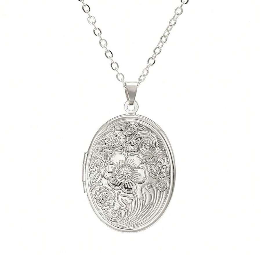 Vintage Engraved Flower Empaistic Photo Locket Hold Picture Oval Round Pendant Necklace Antique Carved Pattern Souvenir Memorial Clavicle Sweet Jewelry For Women,Silver - 銀色 - 查看 1