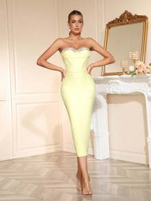 Women's Sexy Strapless Sleeveless Hand Beading Bodycon Midi Party Dress For Elegant Evenings Birthday Party Wedding Guest Banquet Dress - Light Yellow - View 2