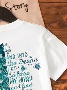 少女标语龟纹印花圆领短袖休闲百搭T恤 - 白色 - 查看 6