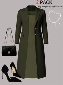 Women's Elegant 2-Piece Set, Solid Color Long Sleeve Cardigan Blazer Jacket + Sleeveless Midi Dress, Autumn/Winter Spring - Green 29 - View 3