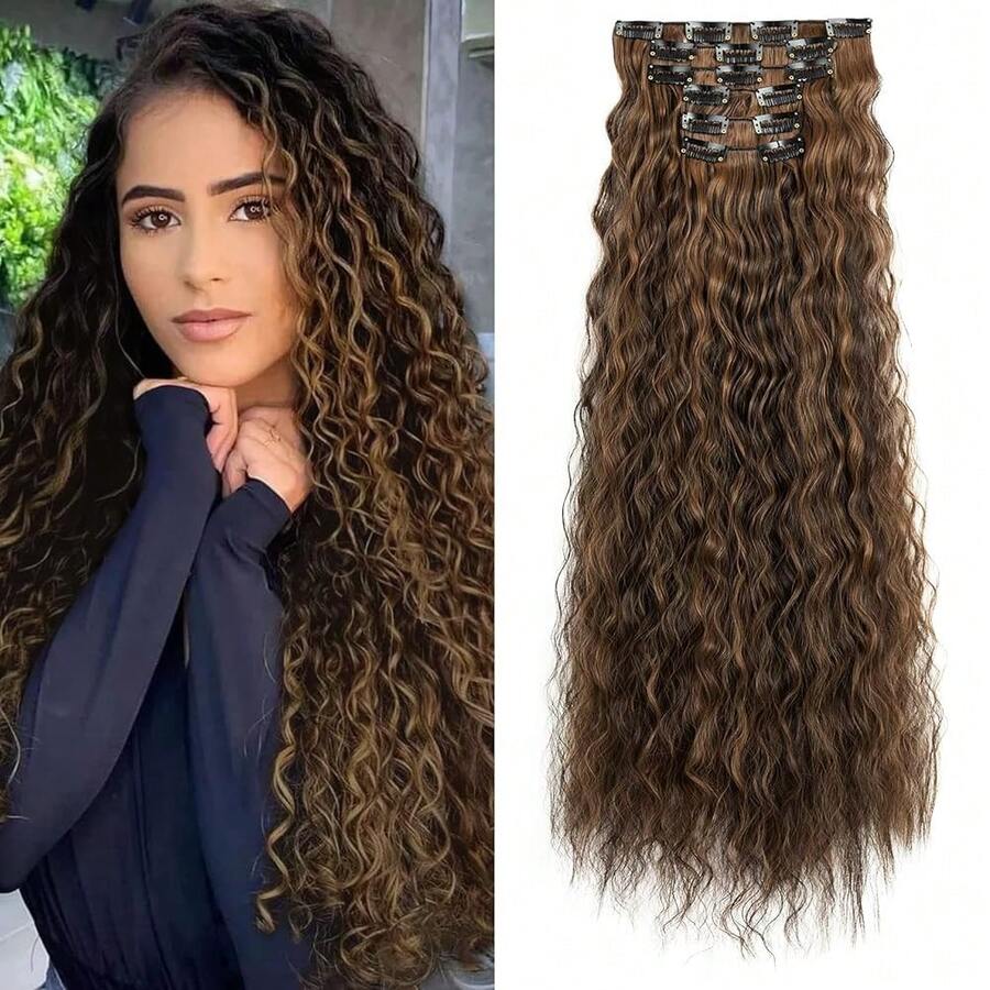 6PCS Clip In Hair Extensions- 24inch Black Brown With Highlight Hair Long Mermaid Waves Synthetic Clip On Hairpiece For Women,BlackBrownwithHighlight-Wavy - 黑棕色挑染波浪捲髮 - 查看 1