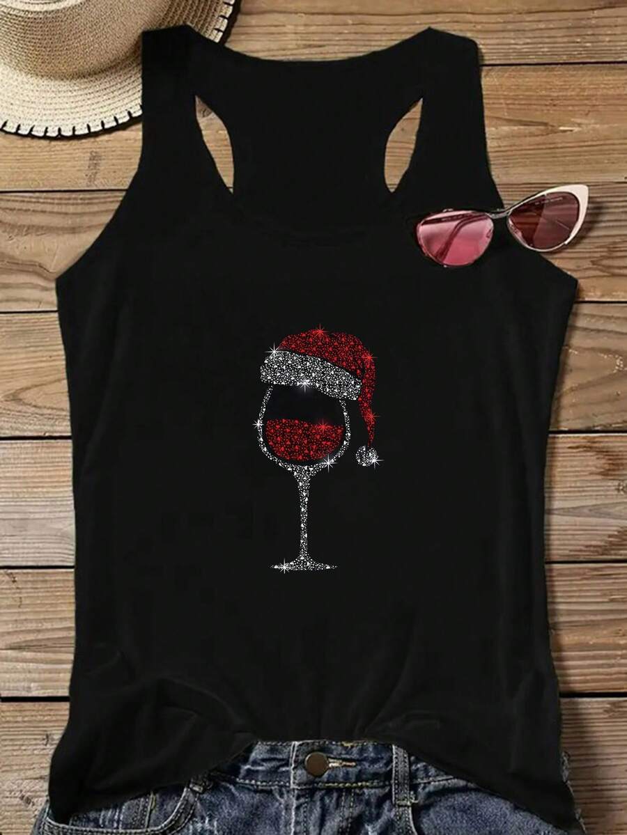 Women's Sleeveless Round Neck Tank Top - Sparkling Wine & Santa Hat Print Black Shirt, Lightweight Breathable Summer Blouse For Christmas Party, Casual Outfits, Machine Washable Dress-Like Fit (No) - 黑色 - 查看 1