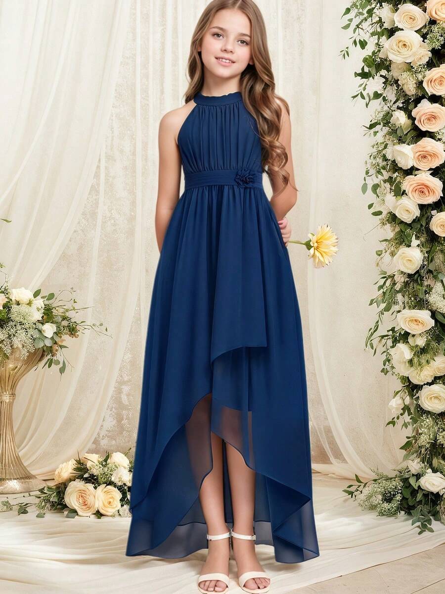 Kilottor 少女优雅雪纺褶腰3D花卉装饰挂脖不对称下摆婚礼花童长裙 - 藏蓝色 - 查看 1