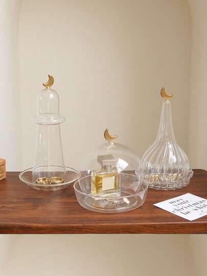 1pc Star & Moon Jewelry Tray, Luxury Elegant Glass Tray For Perfume, Rings, Earrings Storage, Moon Gold Glass Plate, Suitable For Home Decor, Entryway, Vanity, Gift, Holiday Decoration, Islamic/Arabic Style Celebration,Room Décor