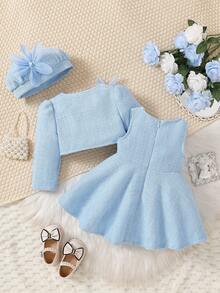两件套女婴可爱纯色圆领3D珍珠花朵长袖开衫和圆领无袖A字连衣裙，配帽子和贝雷帽，适合秋冬季外出穿着。 - 藍色 - 查看 3