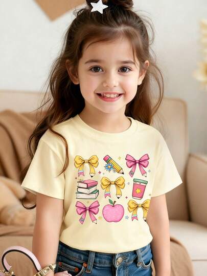 Young Girl Casual Bow Print Round Neck Short Sleeve T-Shirt, Summer