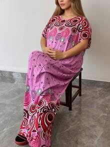 Dress With Large Elegant Flower Print - Round Neck, Bat Sleeve Embroidered Robe, Plus Size Elegant Women's Robe - Baby Pink - View 5