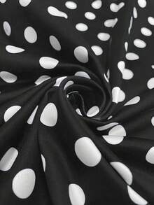 Elegant Waist Cinched Polka Dot Colorblock Square Neck A-Line Long Sleeve Dress, Versatile For Dating, Commuting, Daily Wear In Spring, Autumn, Winter - Black - View 4