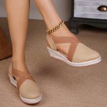 新款时尚女士休闲度假编织坡跟凉鞋 - 駝色 - 查看 18