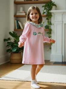 Little Toddler Girl St. Patrick's Day Dress Shamrock Rainbow Embroidered Plaid Ruffled Long Sleeve A-Line Dress - Hồng - Xem 2