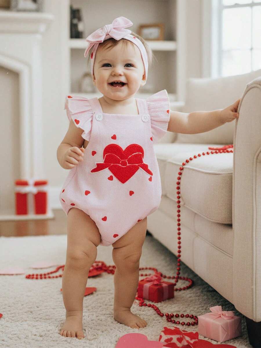 Conjunto de San Valentín para niña recién nacida, mono a rayas con estampado de corazones, sin mangas, con volantes y cuello cuadrado, mono de algodón y lino, ropa para mi primer día de San Valentín con diadema - Rosa - Ver 1