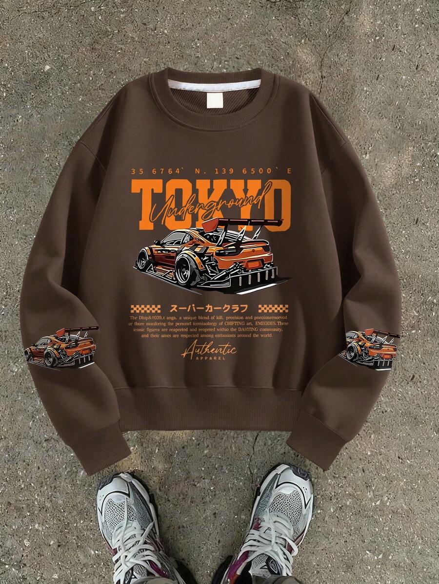 1pc Teen Boy Racing Sweatshirt, Comfortable, Spring/Autumn Outdoor Gatherings & Personalized Style - Brown - View 1