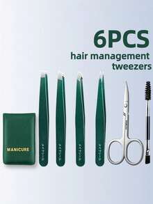 6pcs Shiny Green Eyebrow Grooming Tool Set - Stainless Steel Eyebrow Tweezers, Multi-Functional Eyebrow Trimmer, Eye Care Tools For Home And Travel Use, Suitable For Eyebrows And Facial Hair - Multicolor - View 1