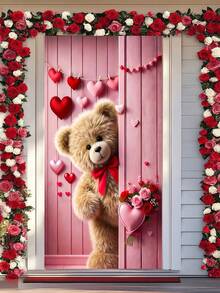 1件情人节泰迪熊心形花环 - 浪漫爱情主题花环，泰迪熊手捧玫瑰花束，饰以心形图案，情人节前门装饰，节日家居装饰，情人节墙面装饰礼物及家居装饰 - 彩色 - 查看 3