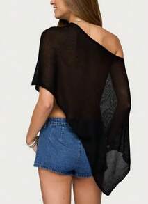 Women Knit Poncho Top Y2k Off Shoulder Het Sheer Shawl Asyetrical Hem Cover Up Shrug Sweater,29631715 - 黑色 - 查看 6