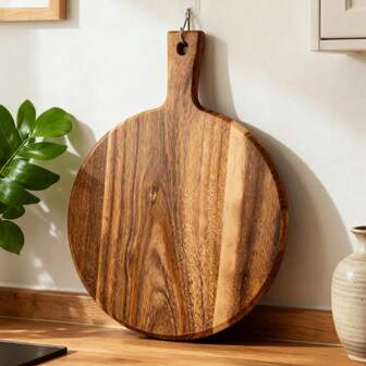Acacia Wooden Round Cutting Board With Handle - 15.96 Inches X 12.02 Inches, Large Board, Wooden Kitchen Cutting Board, Suitable For Kitchen Chopping, Pizza, Meat And Cheese Storage Tray, Decorative Butcher Block, Mother's Day Gift, Cooking Enthusiast Present