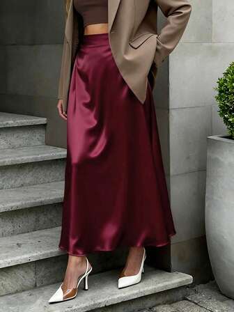 EARO Damska europejska i amerykańska modna, elegancka satynowa spódnica na co dzień, elastyczna, z wysokim stanem i rozszerzanymi nogawkami do kolan, jesień/zima