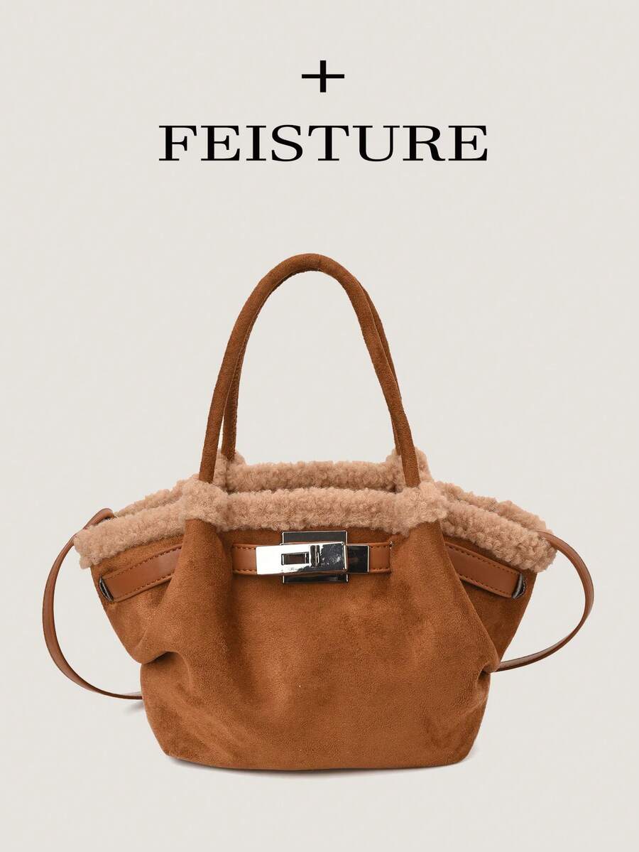 1pc FEISTURE Faux Shearling Small Handbag, Fashion Metal Clasp Dumpling Bag, Shoulder Crossbody Bag, Suitable For Daily Outing, Dating, Commuting