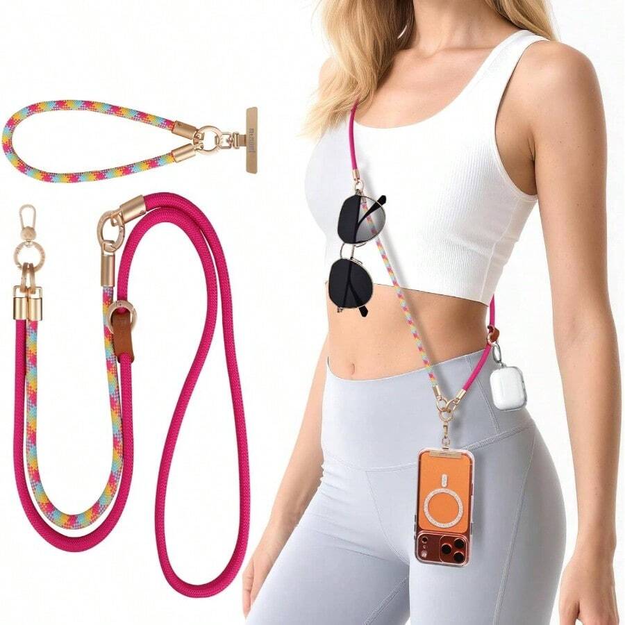 memumi 3 en 1 Universal Telfono Cordn, Crossbody Cuello Mueca Correa para Todos los Telfonos, Antirrobo  Cordn, Material de Primera Calidad Tejida para Viajes, Rosa - Rosa - Ver 1