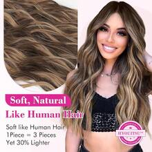 Clip In Hair Extensions, 20" One Piece Hair Extension Clip In Wefts Long Thick Beach Wavy Natural Soft Synthetic Hairpieces For Women, Chocolate Brown With Blonde Highlights,ChocolateBrownwithBlondeHighlights-Wavy - 巧克力棕色帶金色挑染 - 波浪捲 - 查看 3
