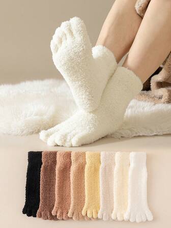 2 Pairs/1 Pair Men's Multi-Color Warm Fleece Five Toe Socks, Thick Thermal Non-Shedding Toe Socks For Indoor Wear