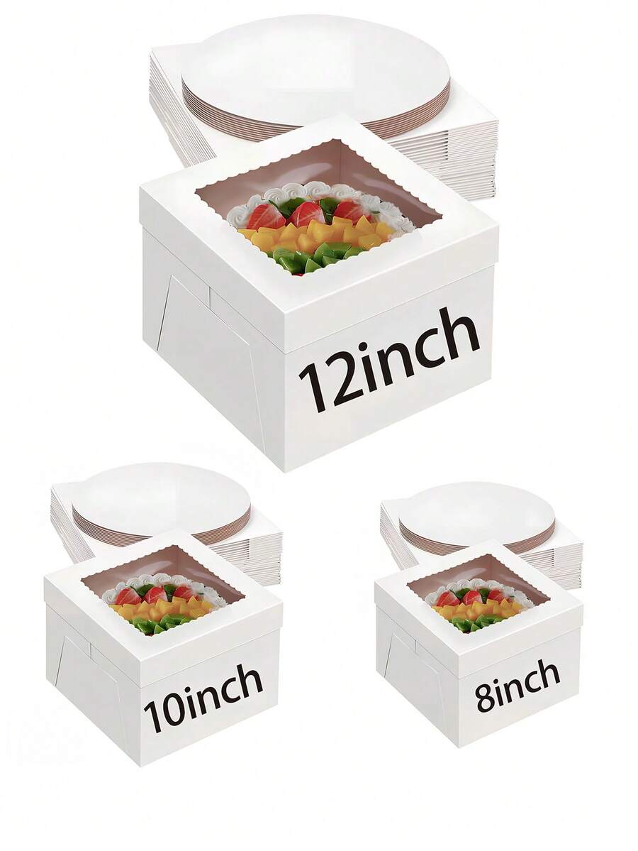 10个/1个/蛋糕盒带蛋糕底板（10个盒子和10个底板），12x12x8英寸/10x10x8英寸白色烘焙盒，带抽绳，适用于蛋糕、饼干、糕点、馅饼、婚礼、生日、万圣节等场合。 - 白色+底托 - 查看 1