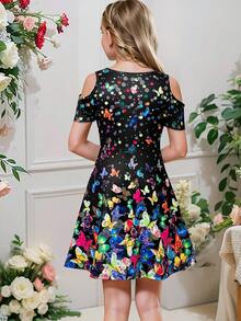Kilottor Tween Girls' Round Neck Butterfly Printed Casual Dress With Cut Out Shoulder Design - Black - View 4