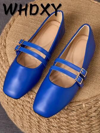WHDXY Women's Blue Square Toe Flat Shoes With Dual Straps, Comfortable And Elegant, Suitable For Commuting And Casual Occasions