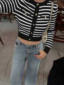 女士秋冬新款法式浪漫休闲百搭时尚条纹针织短款开衫 - 黑色 - 查看 2