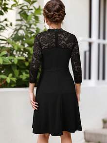 少女優雅蕾絲拼接3/4袖派對裙 - 黑色 - 查看 2