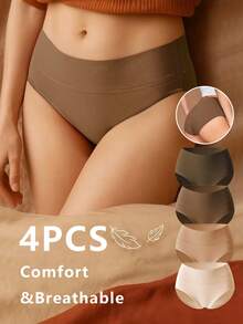 4 piezas de bragas de mujer de unicolor de cintura alta, ropa interior básica simple de algodón puro, bragas sin costuras suaves con control de abdomen de talla grande