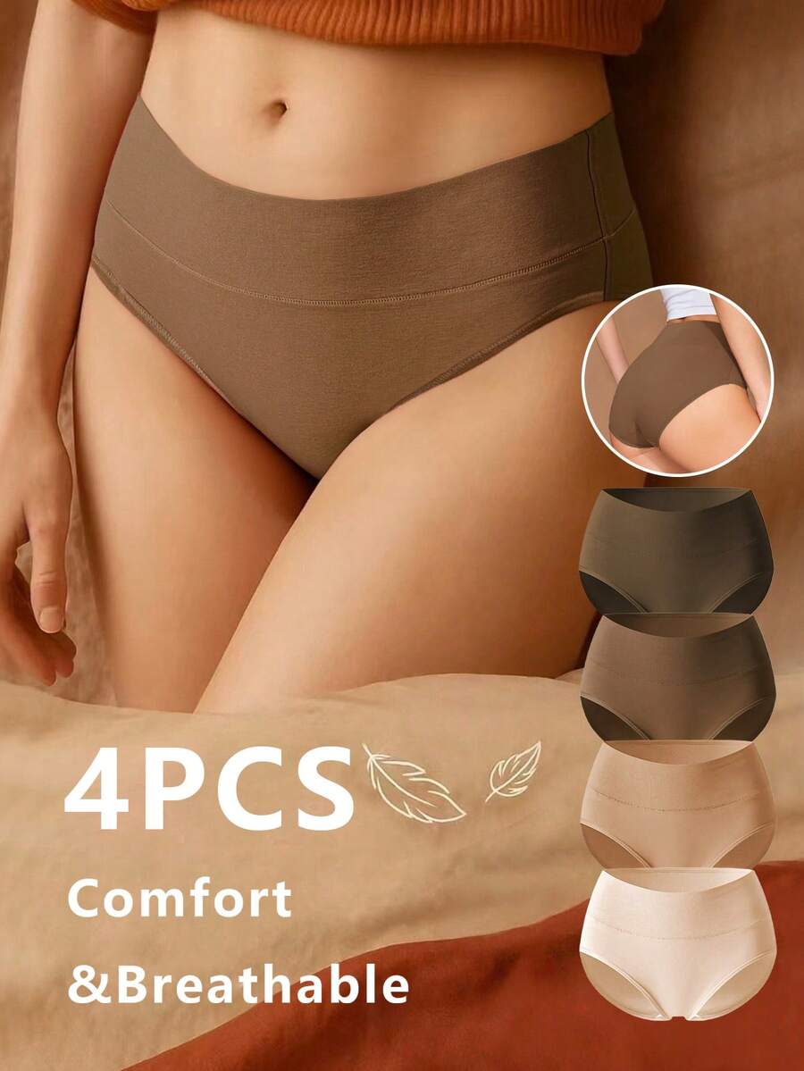 4 piezas de bragas de mujer de unicolor de cintura alta, ropa interior básica simple de algodón puro, bragas sin costuras suaves con control de abdomen de talla grande