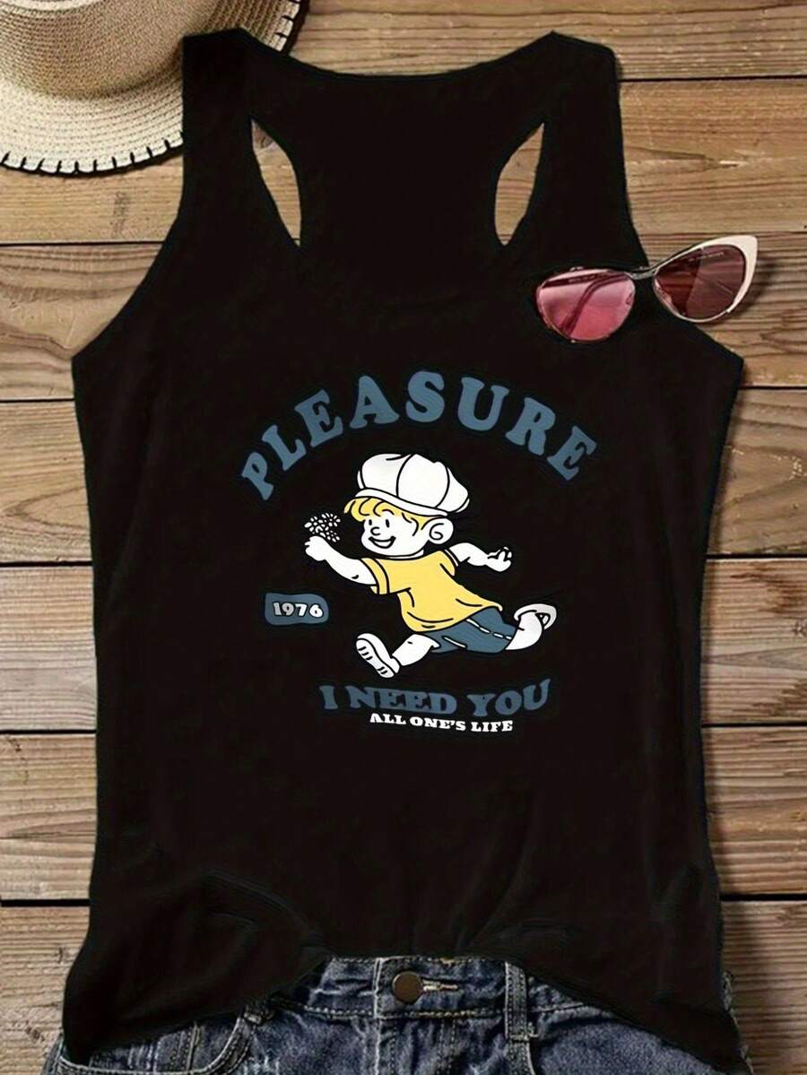 Women's Casual Sleeveless Tank Top With Cartoon Character & PLEASURE 1976 I NEED YOU ALL ONE's LIFE Graphic Print - Lightweight Breathable Stretchy Knit Fabric, Round Neck Summer Top For Casual Outings, Everyday Comfort, Vibrant Design, Nontransparent Material - Black - View 1