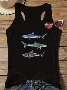 Women'S Black Tank Top With Shark Graphic Print - Casual, Sleeveless, Round Neck, Lightweight & Breathable Fabric, Summer Fashion, Casual Summer TopPlayful Print TopStretchy Material - màu đen - Xem 1
