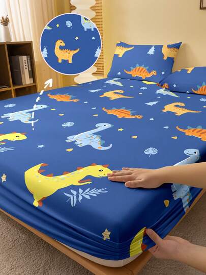 1 pieza Sábana ajustada con estampado de valle de dinosaurios de dibujos animados, funda de edredón estampada para dormitorio (no incluye funda de almohada)