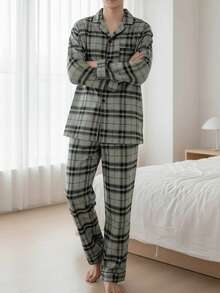 男士轻薄翻领开襟格子印花长袖睡衣套装，休闲简约英伦风家居服，秋冬款 - 彩色 - 查看 3