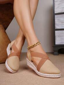 新款时尚女士休闲度假编织坡跟凉鞋 - 駝色 - 查看 3