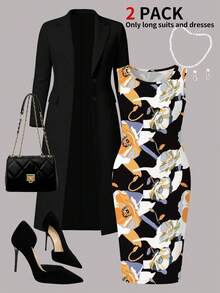 Women Plus Size 2 Pieces Set, Casual Versatile Long Solid Color Cardigan Jacket + Elegant Daily Sleeveless Floral Print Mid-Length Dress, Autumn/Winter - Multicolor - View 5