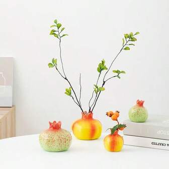 Small & Large Pomegranate Vases (Green/Orange) With Mini Faux Autumn Leaves (Green/Red) - Fruit-Shaped Hydroponic Vase Set For Real Or Artificial Plants, Pothos, Tabletop & Shelf Decor | Perfect For Desks, Living Rooms, Bookshelves & Seasonal Displays